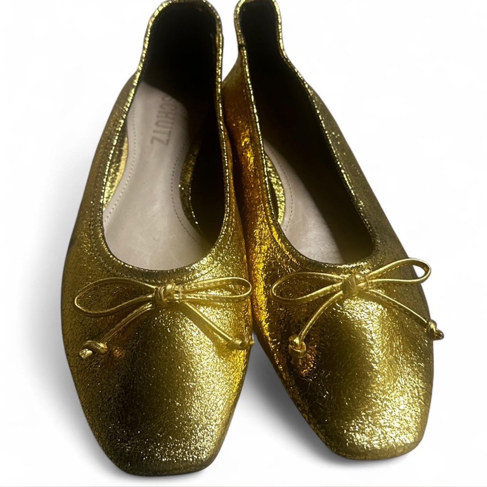 SCHUTZ Gold Ballet Flats with Decorative Bows